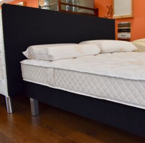 Matelas blanc confortable sur sommier tapissier noir : illustration du rôle crucial du sommier dans la qualité du couchage et du confort